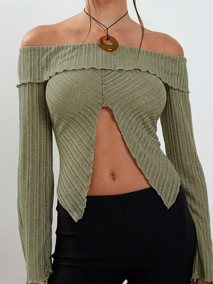 Solid Color Off Shoulder Front Slit Long Sleeve Knit