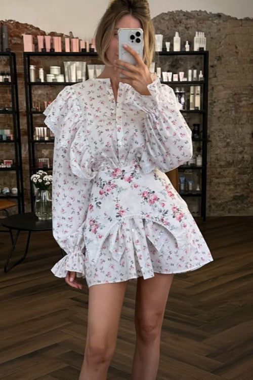 Floral Print Puff Shoulder Ruffle Cuff Blouse and Tiered Ruffle Mini Skirt Set