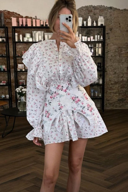 Floral Print Puff Shoulder Ruffle Cuff Blouse and Tiered Ruffle Mini Skirt Set