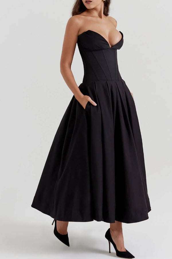 Strapless Corset Sweetheart Neckline Pleated Full Skirt Midi Dress