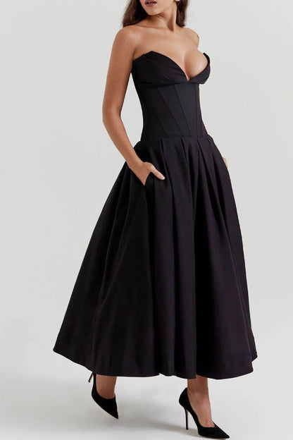 Strapless Corset Sweetheart Neckline Pleated Full Skirt Midi Dress