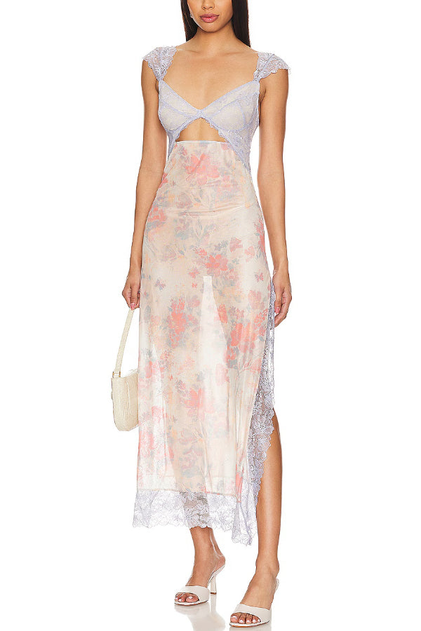 Floral Print Lace Patchwork Hollow-out Slim-fit Midi Dress