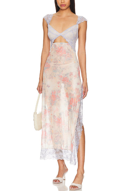 Floral Print Lace Patchwork Hollow-out Slim-fit Midi Dress