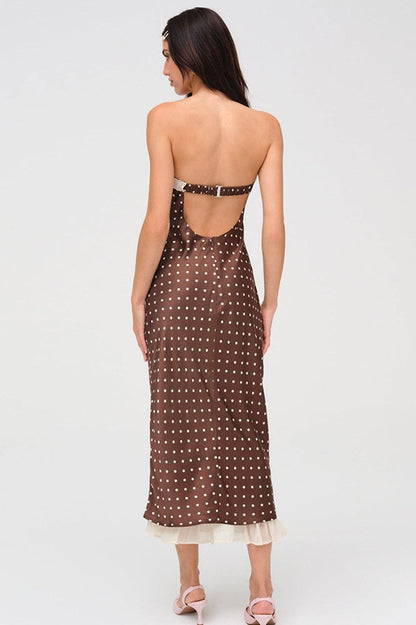 Satin Polka Dot Lace Trim Strapless Tie Bow Slip Midi Dress