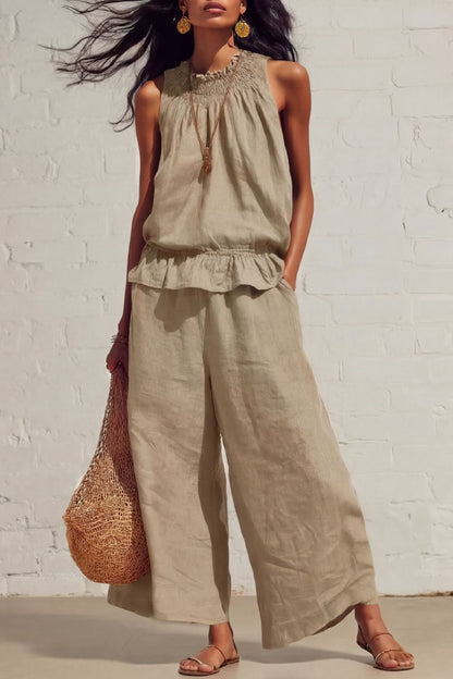 Linen Blend Round Neck Sleeveless Ruffled Top and Elastic Waist Casual Pocket Wide-leg Pants Set