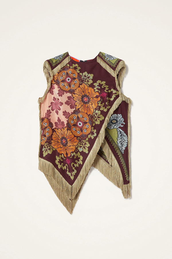 Stunning Floral Print Asymmetric Tassel Trim Scarf Top