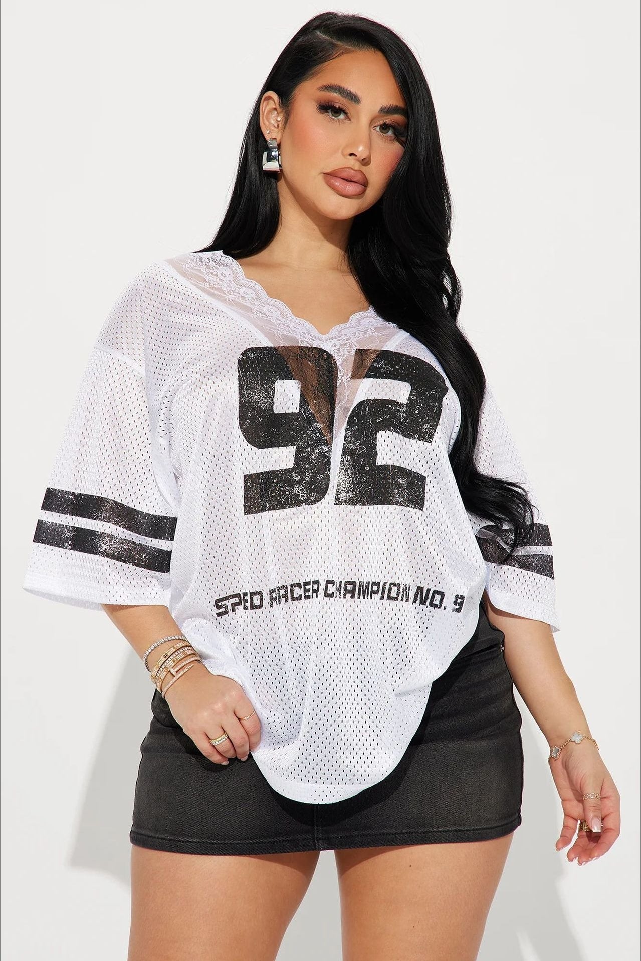 V Neck Lace Print Loose Casual T-shirt