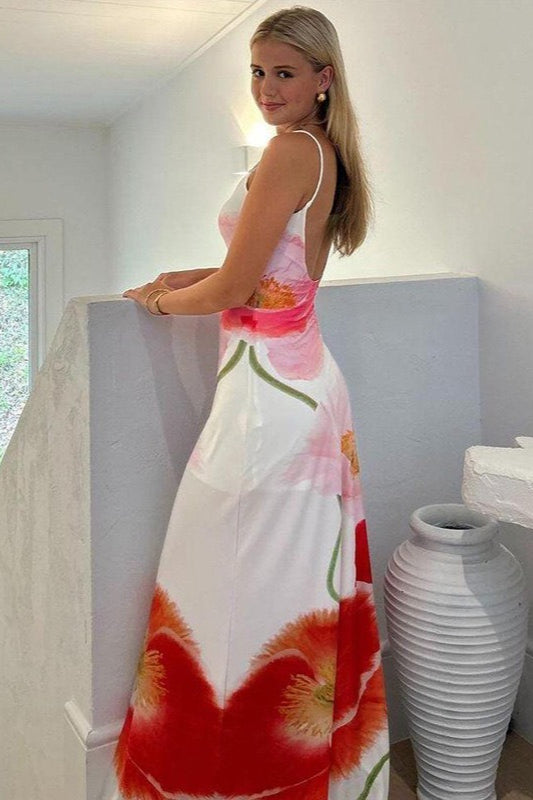 Scoop Neck Spaghetti Strap Oversized Poppy Floral Print Maxi Dress