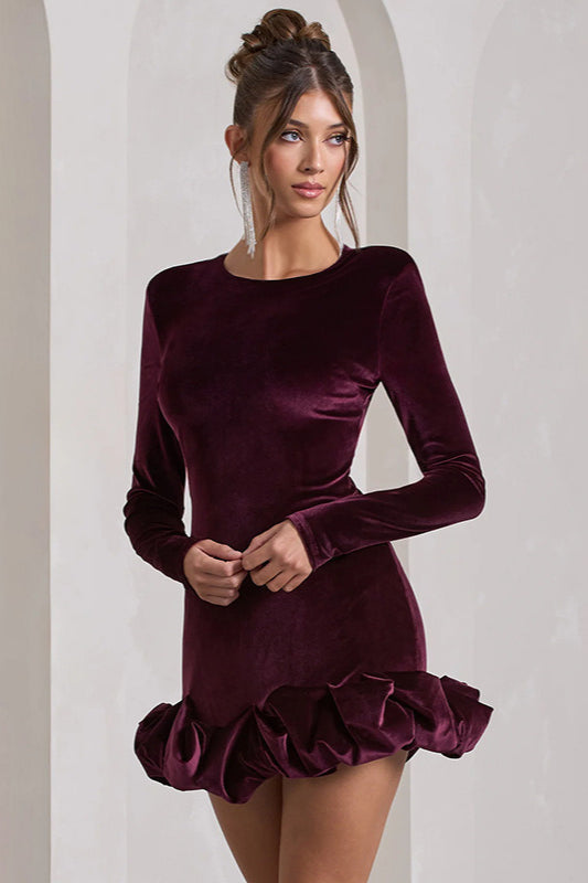 Crew Neck Long Sleeve Ruched Bubble Hem Velvet Mini Dress