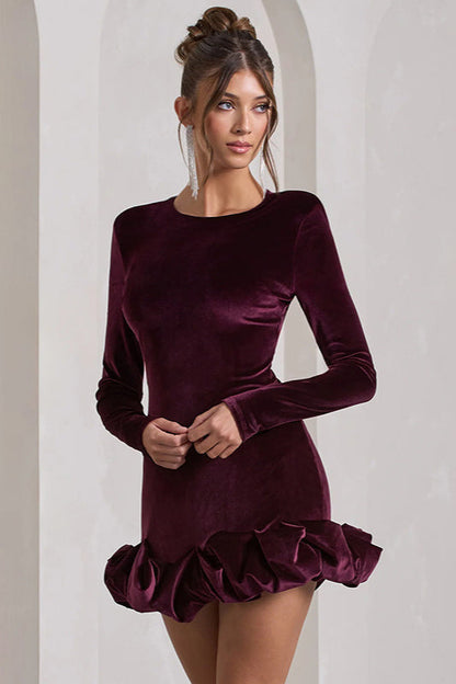 Crew Neck Long Sleeve Ruched Bubble Hem Velvet Mini Dress
