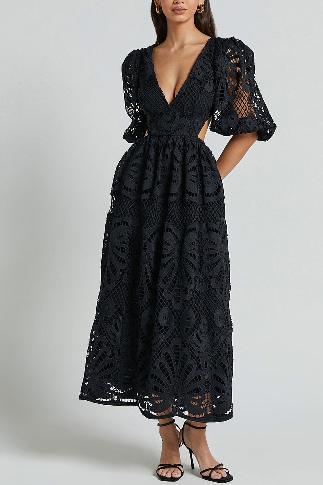 V-neck Lace Embroidery Hollow Waist Dress
