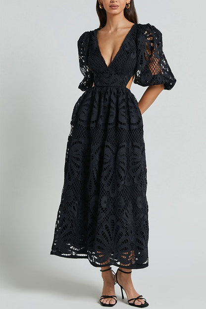 V-neck Lace Embroidery Hollow Waist Dress
