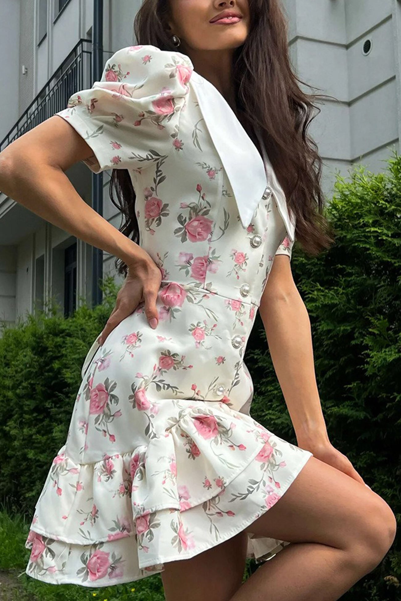 V-Neck Puff Sleeve A-line Ruffle Mini Dress
