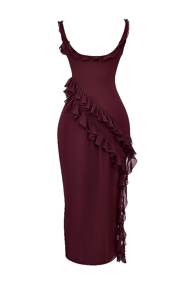 Square Neck Cap Sleeve Cascading Ruffle Trim High Slit Maxi Gown