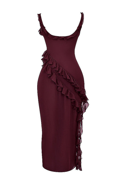 Square Neck Cap Sleeve Cascading Ruffle Trim High Slit Maxi Gown