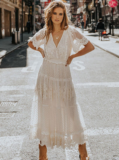 White Maxi Dresses Short Sleeves Lace Applique V-Neck Floor Length Dress