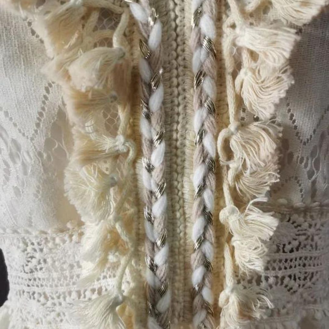 Lace-Up V-Neck Crochet Waistband Pom-Pom Tassel Scalloped Hem Lace Midi Dress