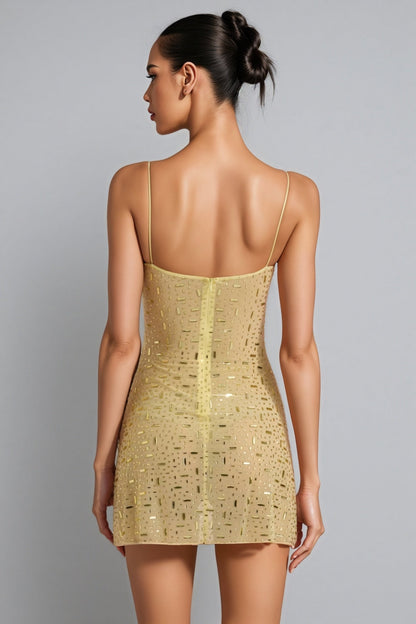 Rowtly Yellow Sheer Square-Neck Mini Dress