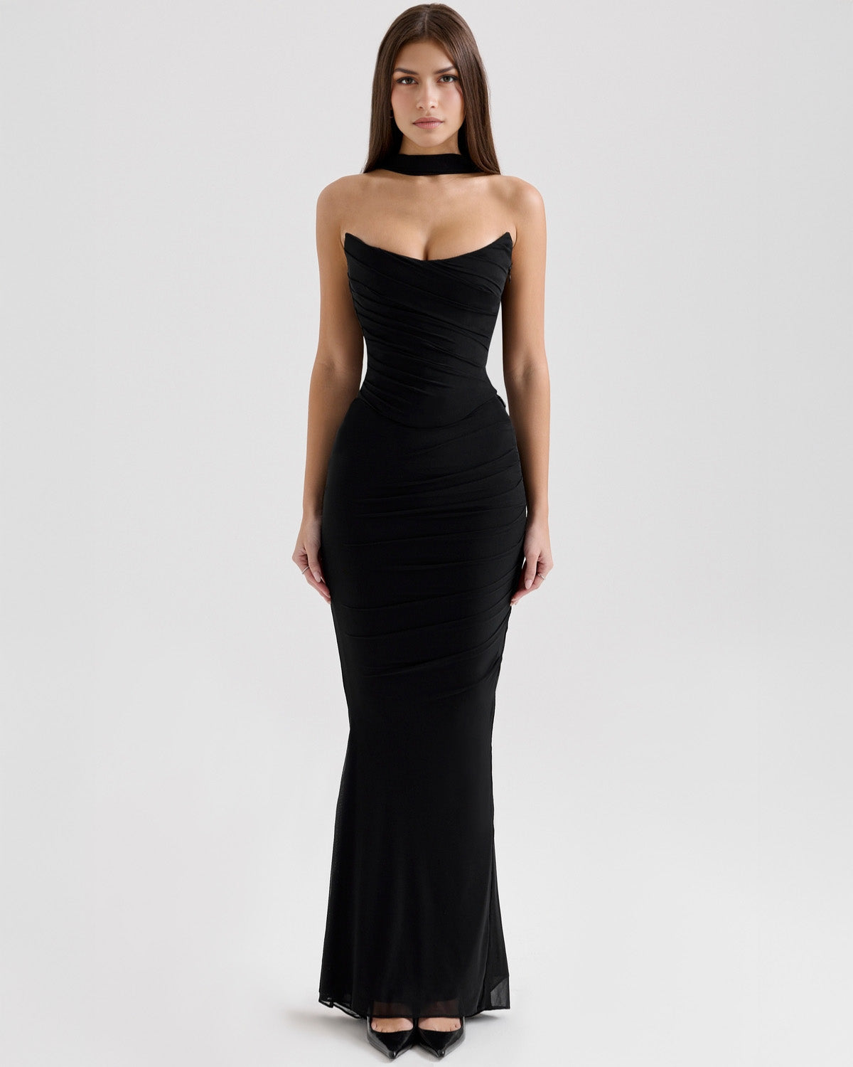 Strapless Corset Ruched Mesh Overlay Mermaid Maxi Dress with Neck Scarf