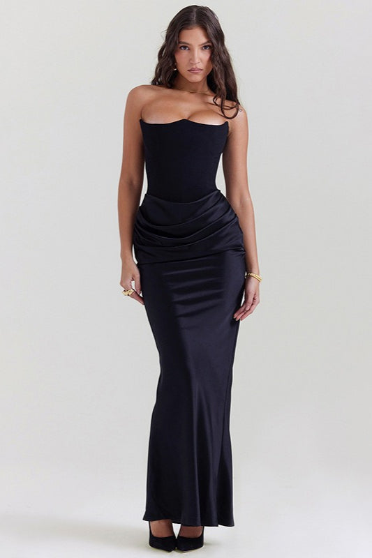 Strapless Corset Bodice Draped Hip Ruched Column Maxi Dress