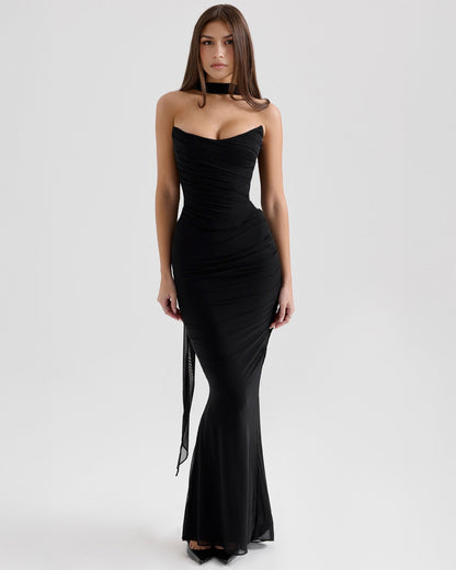 Strapless Corset Sweetheart Ruched Bodice Fabric Choker Bodycon Maxi Dress