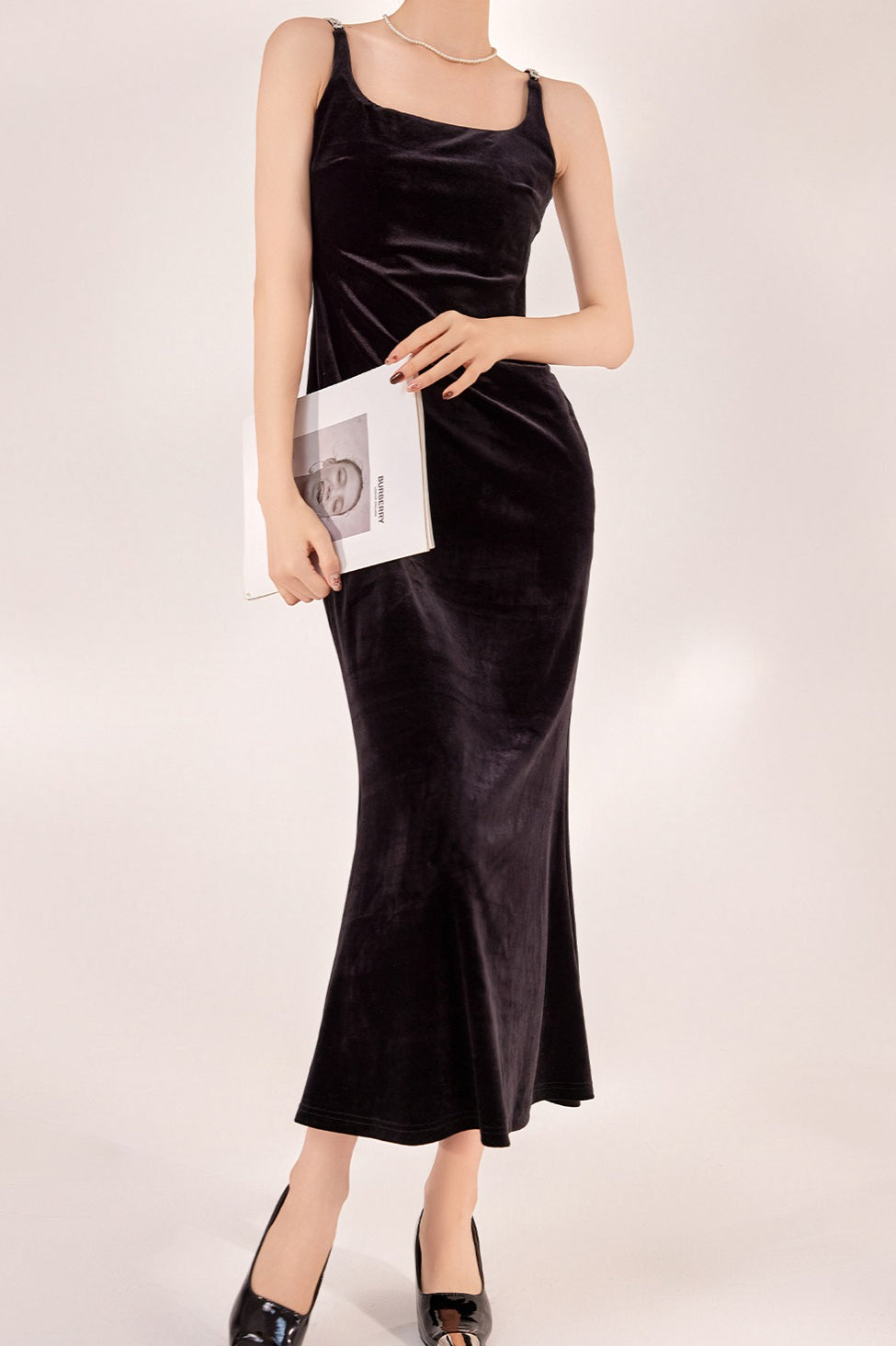 Square Neck Rhinestone Strap Velvet Mermaid Maxi Dress