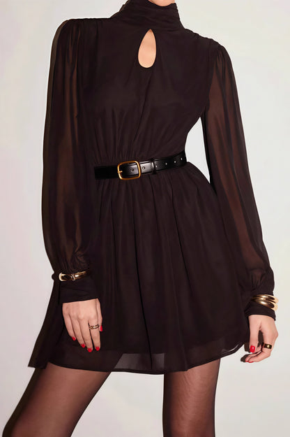 Mock Neck Keyhole Sheer Puff Sleeve Belted Pleated Mini Dress