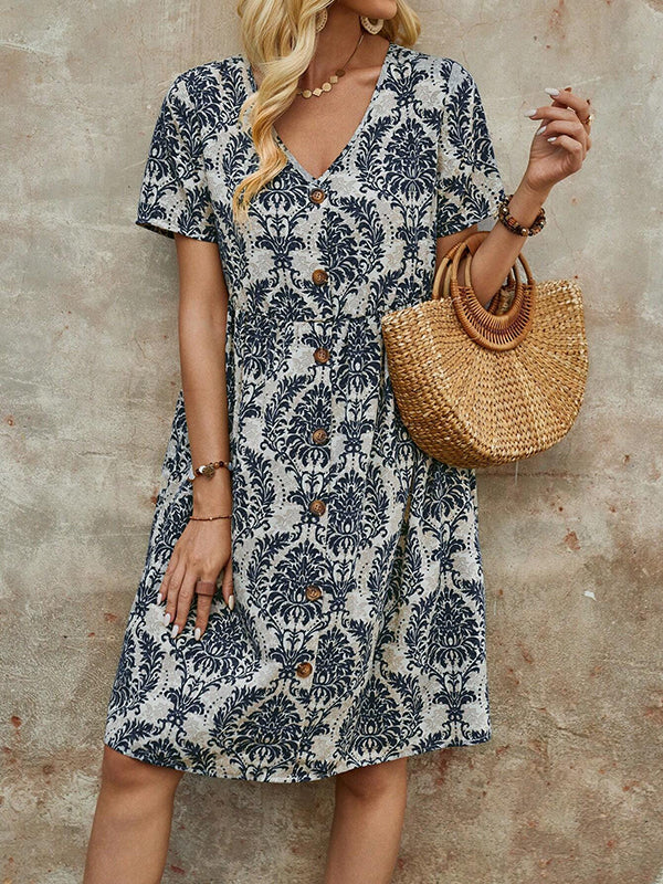 A-Line High Waisted Buttoned Pleated Printed Split-Joint V-Neck Mini Dresses