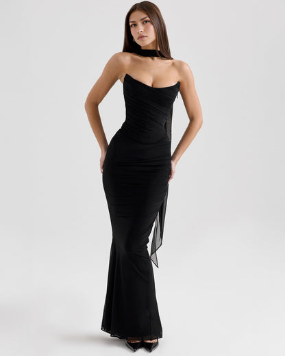 Strapless Pointed Sweetheart Corset Ruched Mesh Bodycon Maxi Dress with Matching Choker