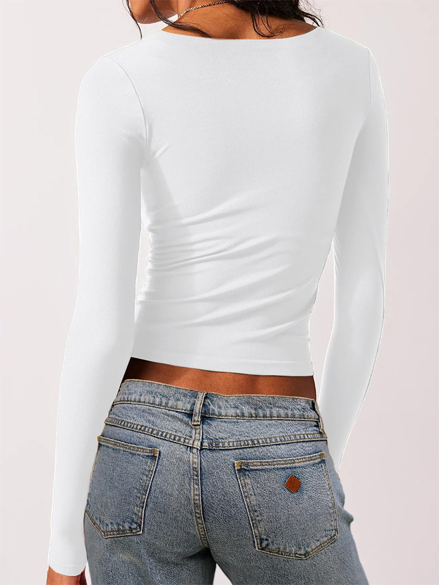 Solid Square Neck Cropped Long Sleeve Tee
