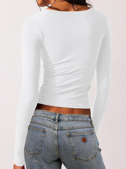 Solid Square Neck Cropped Long Sleeve Tee