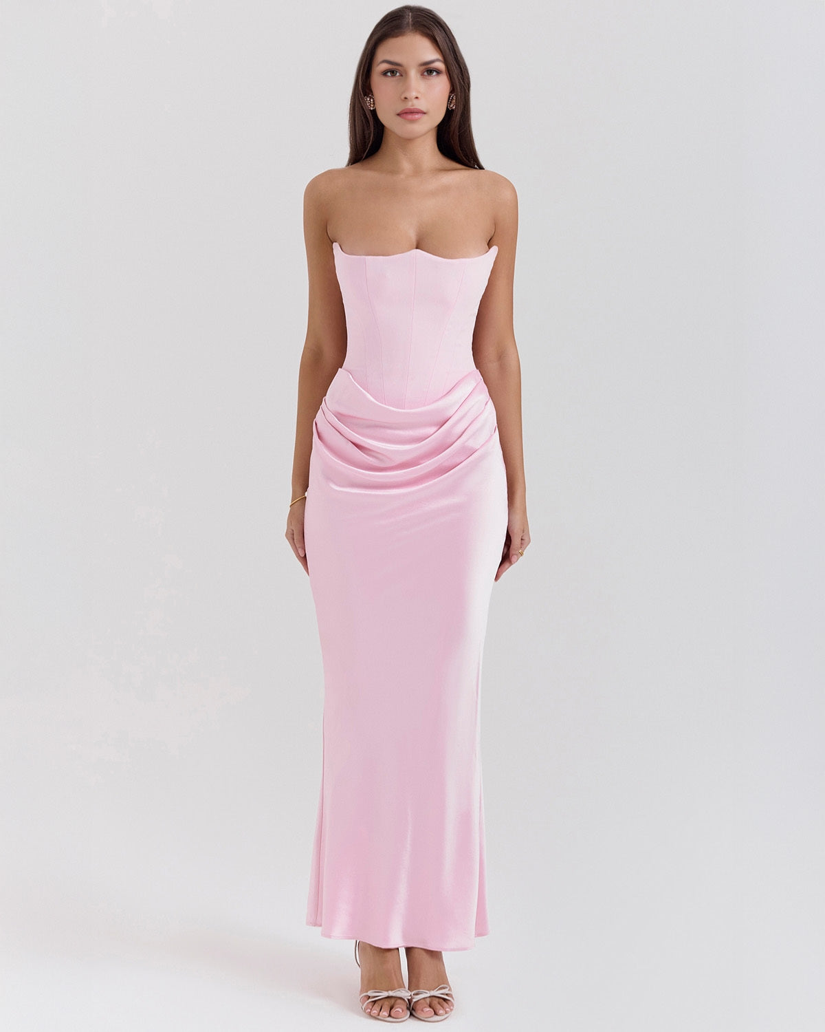 Strapless Pointed Sweetheart Corset Bodice Draped Hip Column Maxi Gown