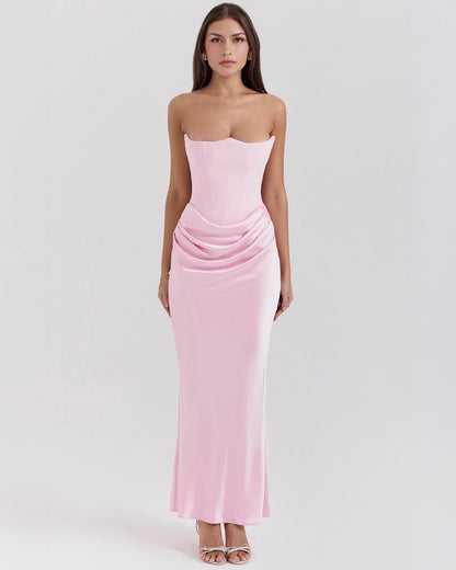 Strapless Pointed Sweetheart Corset Bodice Draped Hip Column Maxi Gown