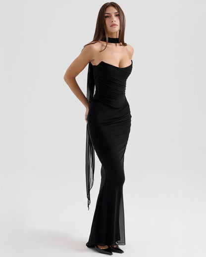 Strapless Corset Sweetheart Ruched Bodice Fabric Choker Bodycon Maxi Dress
