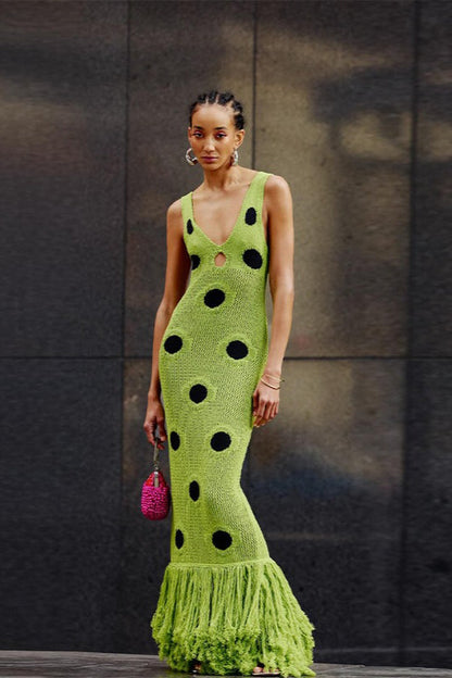Crochet Polka Dot V-Neck Keyhole Fringe Hem Sleeveless Maxi Dress