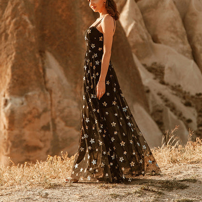 Star Print Mesh Overlay Sweetheart Spaghetti Strap Sheer Maxi Dress