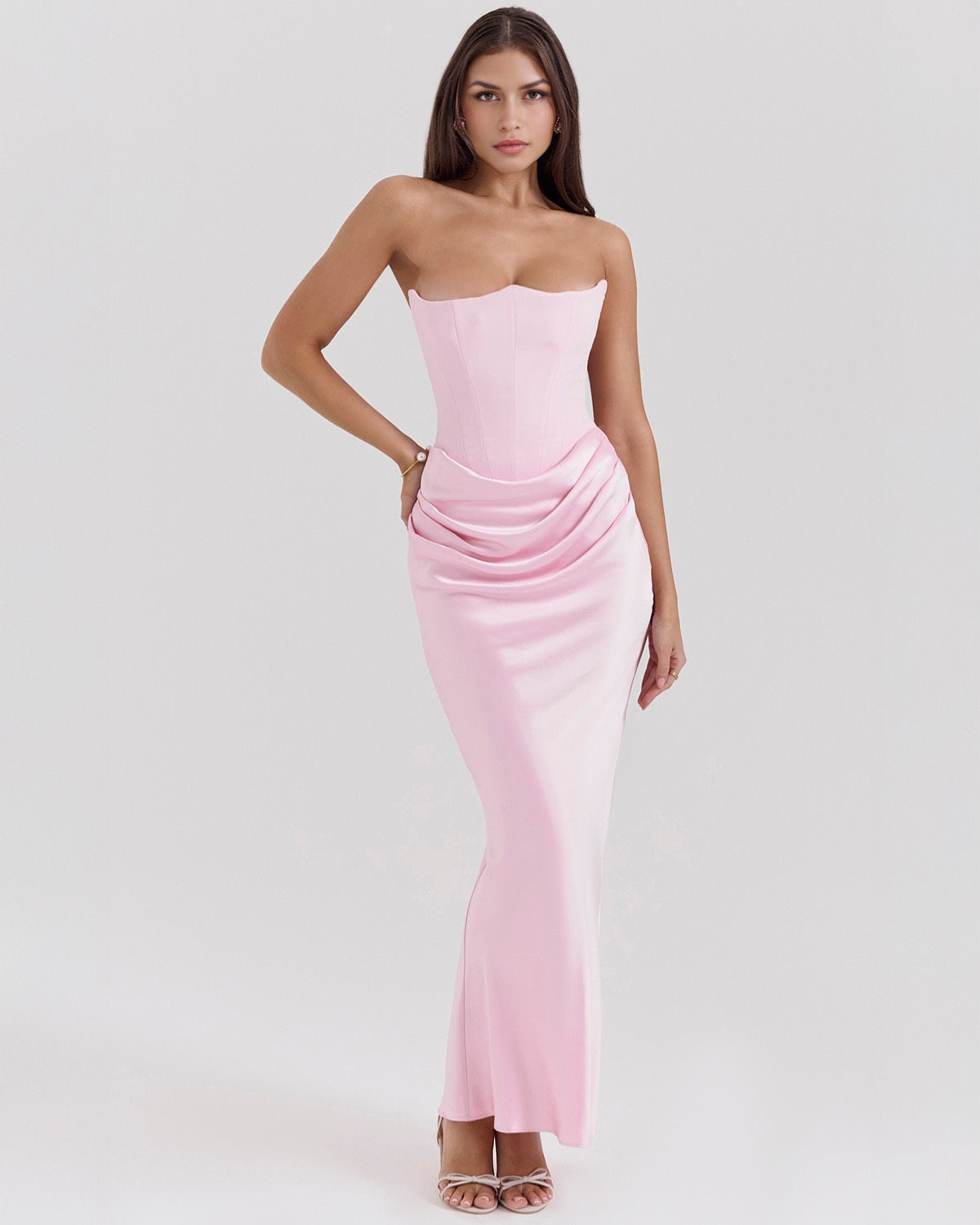 Strapless Pointed Sweetheart Corset Bodice Draped Hip Column Maxi Gown