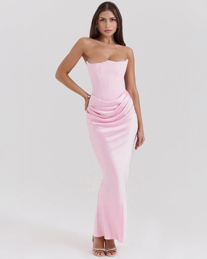 Strapless Pointed Sweetheart Corset Bodice Draped Hip Column Maxi Gown