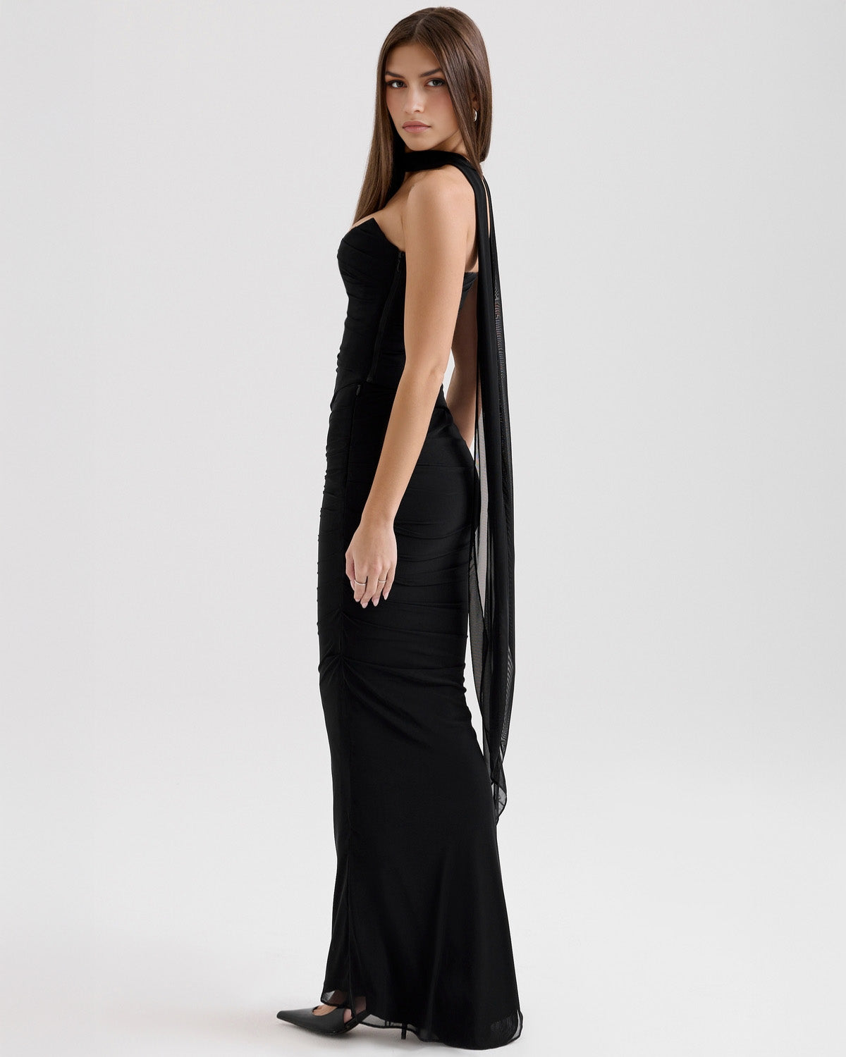 Strapless Corset Sweetheart Ruched Bodice Fabric Choker Bodycon Maxi Dress