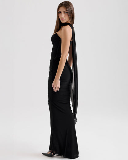 Strapless Corset Sweetheart Ruched Bodice Fabric Choker Bodycon Maxi Dress