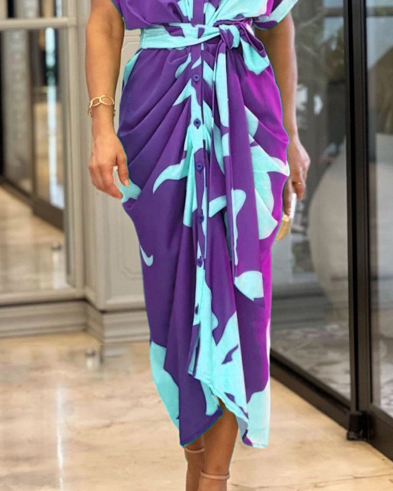 Abstract Leaf Print Collared Button-Front Tie-Waist Ruched Skirt Midi Shirt Dress