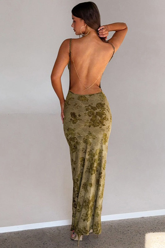 Floral Burnout Velvet Spaghetti Strap Chain Back Bodycon Maxi Dress