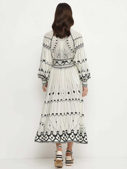 Shirt Dresses Printed Long Sleeves Round Neck Casual Midi Dress