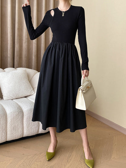 A-Line Long Sleeves Elasticity Hollow Solid Color Split-Joint Round-Neck Midi Dresses