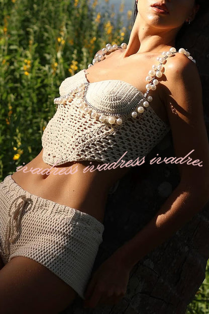 Mirina Hollow Crochet Knit Pearl Trim Heart Collar Crop Vacation Tank