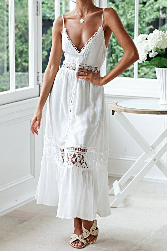 Scalloped Lace Trim Button Front Crochet Inset Tiered Maxi Dress