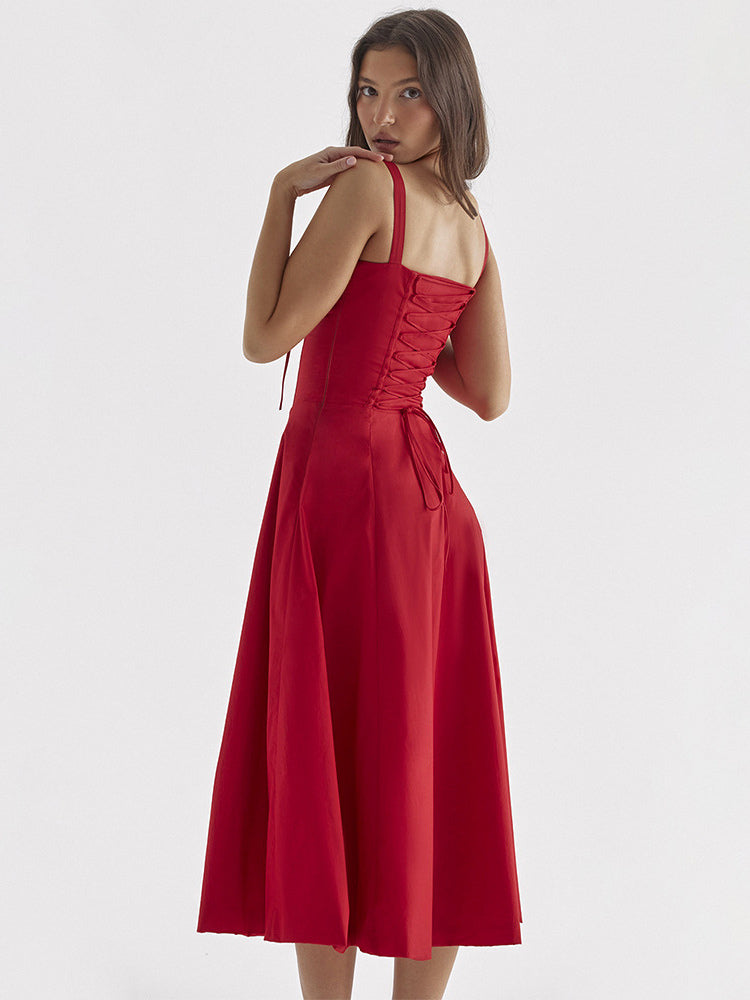Summer Dress Sleeveless Straps Neck Chic Lace Up Midi Dress For Women