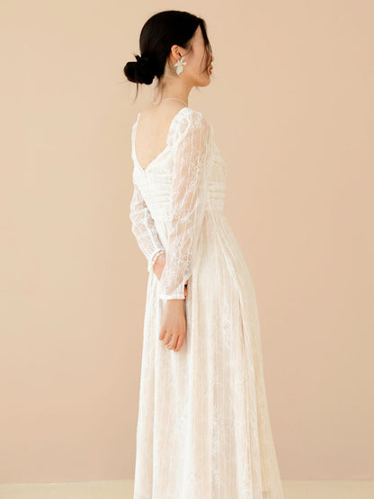 Lace Prom Dress Long Sleeves White Bridal Wedding Midi Dress