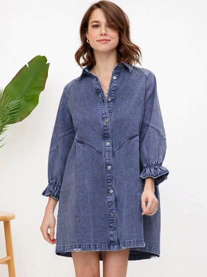 Gathered Sleeves Dresses Front Buttons Solid Color Mini Dress