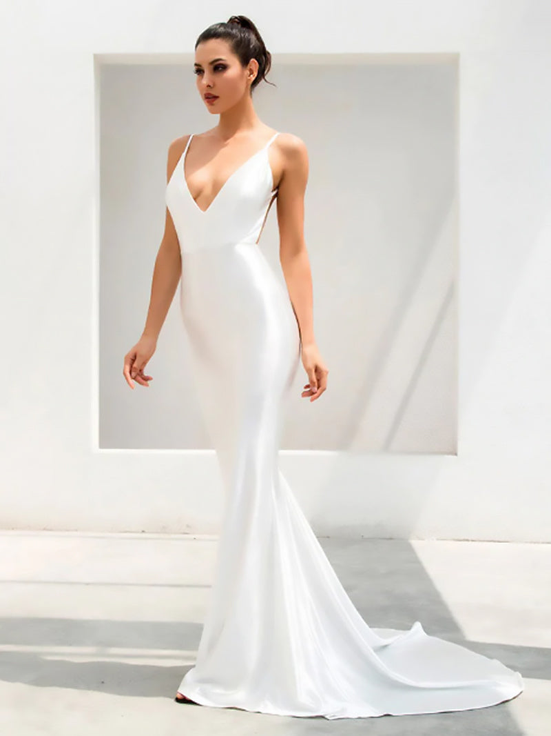 Prom Maxi Dresses White V-Neck Sleeveless Backless Semi Formal Dress